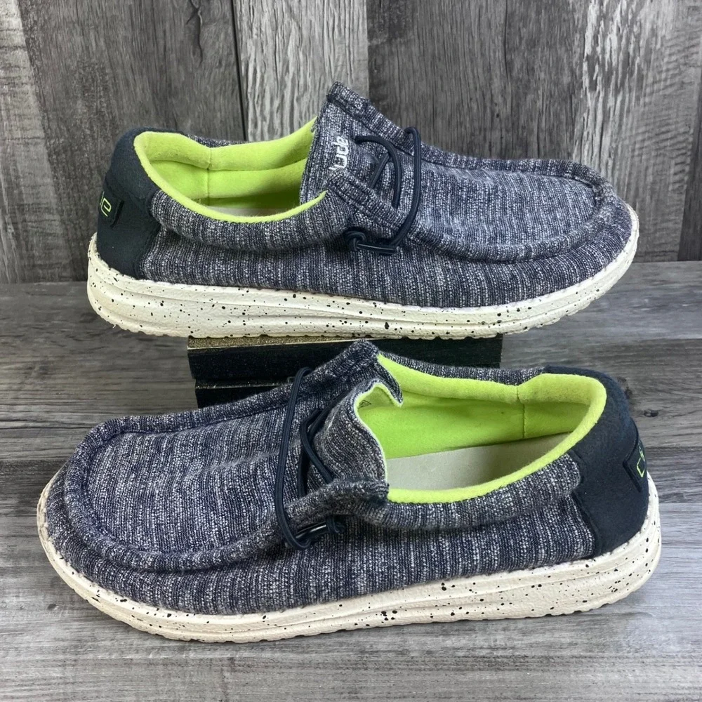 Hey Dude Wally Youth Stretch Naval Speckle Navy Neon Lime Loafers Size Y2 EU 34